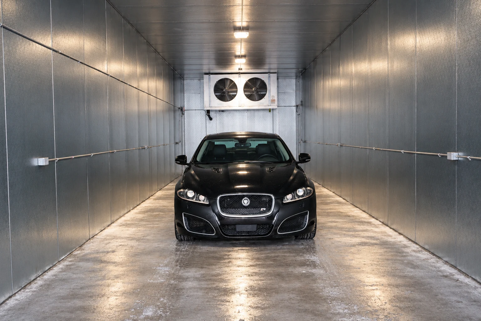 Period Jaguar XFR inside a cold chamber