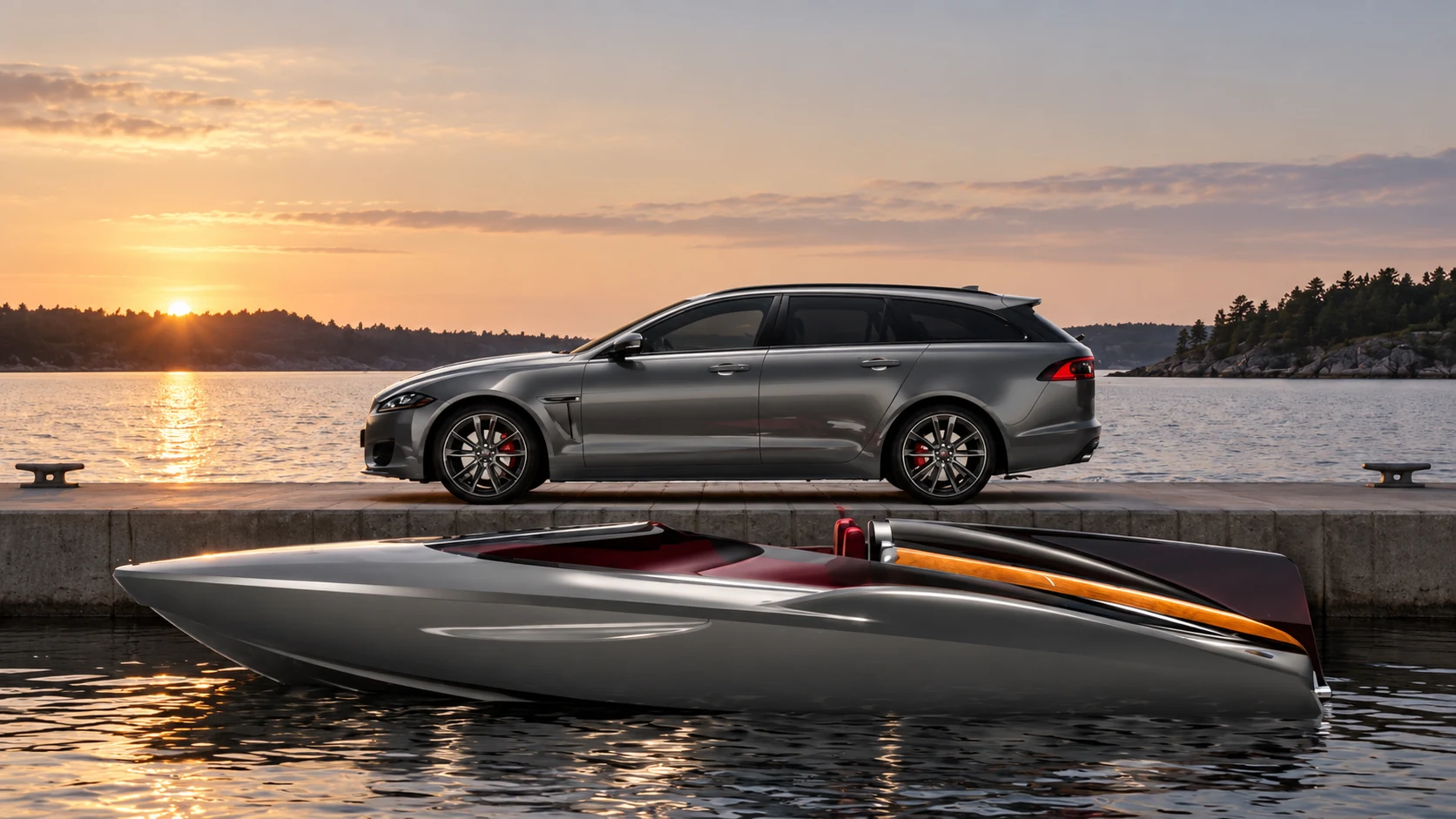 Jaguar concept speedboat alongside XF Sportbrake