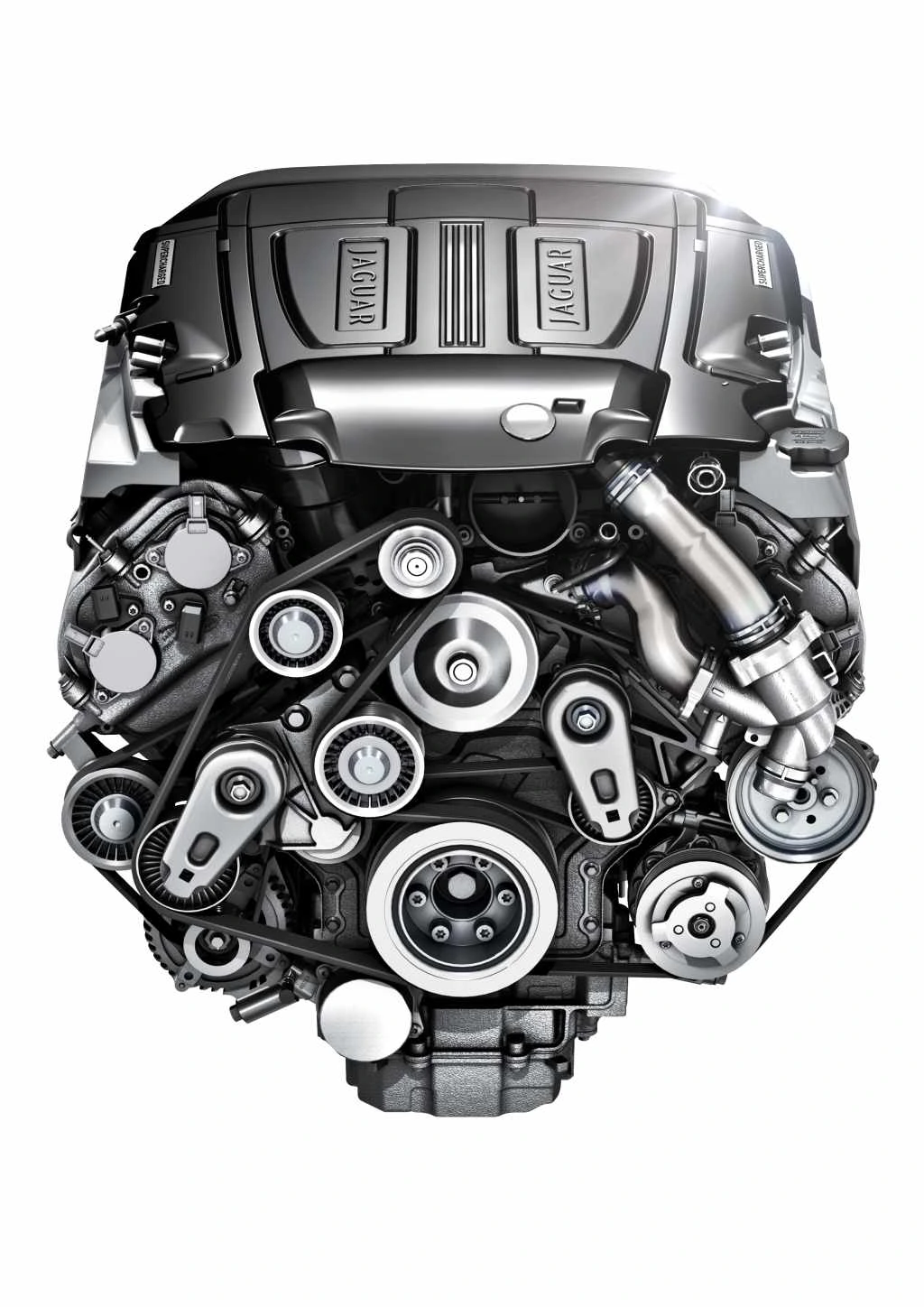 The complete supercharged Jaguar V6, shown from the front