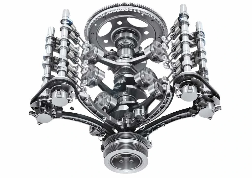V6 vožtuvų mechanizmo ir paskirstymo vaizdas