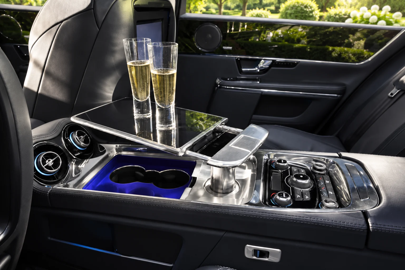 The powered aluminium table with its dedicated champagne flutes