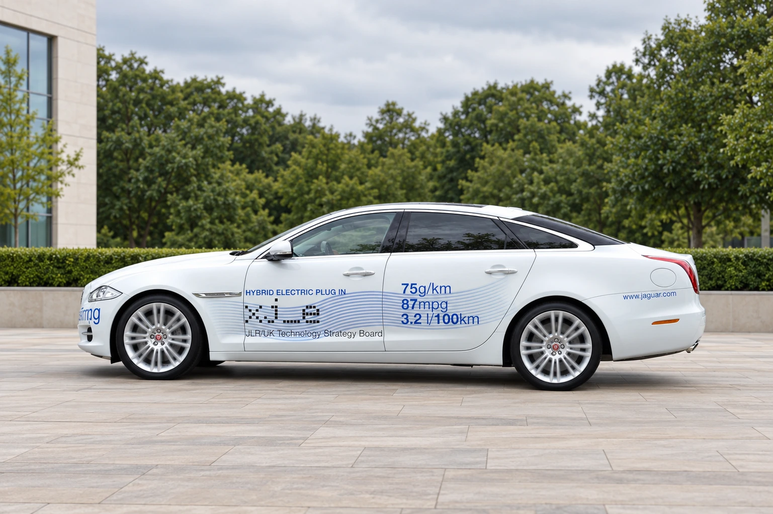 White Jaguar XJ_e hybrid research demonstrator in side profile